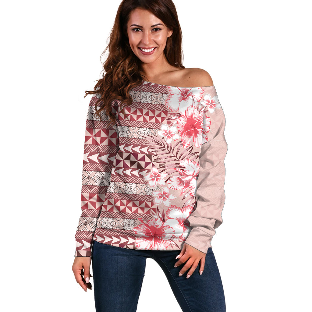 Pasifika Sataoa Pattern Plumeria Vintage Off Shoulder Sweater Cherry LT9 Women Cherry - Polynesian Pride