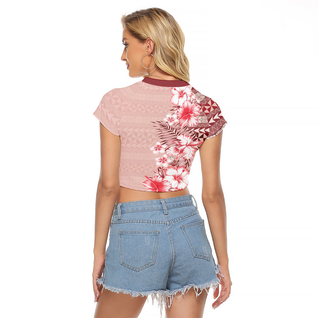 Pasifika Sataoa Pattern Plumeria Vintage Raglan Cropped T Shirt Cherry LT9 - Polynesian Pride