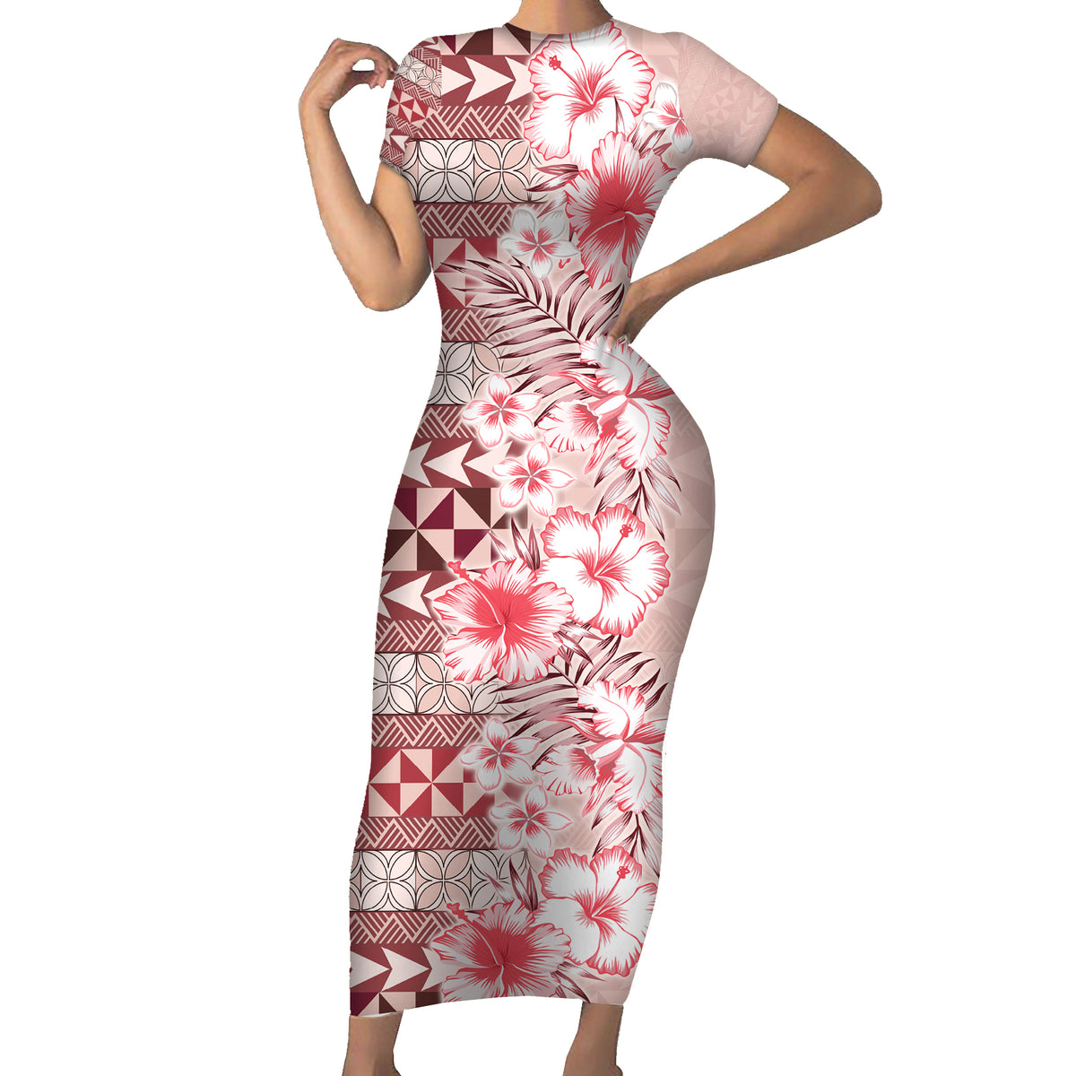 Pasifika Sataoa Pattern Plumeria Vintage Short Sleeve Bodycon Dress Cherry LT9 Long Dress Cherry - Polynesian Pride