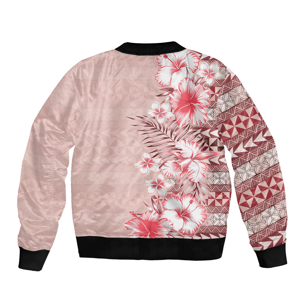 Pasifika Sataoa Pattern Plumeria Vintage Sleeve Zip Bomber Jacket Cherry LT9 - Polynesian Pride
