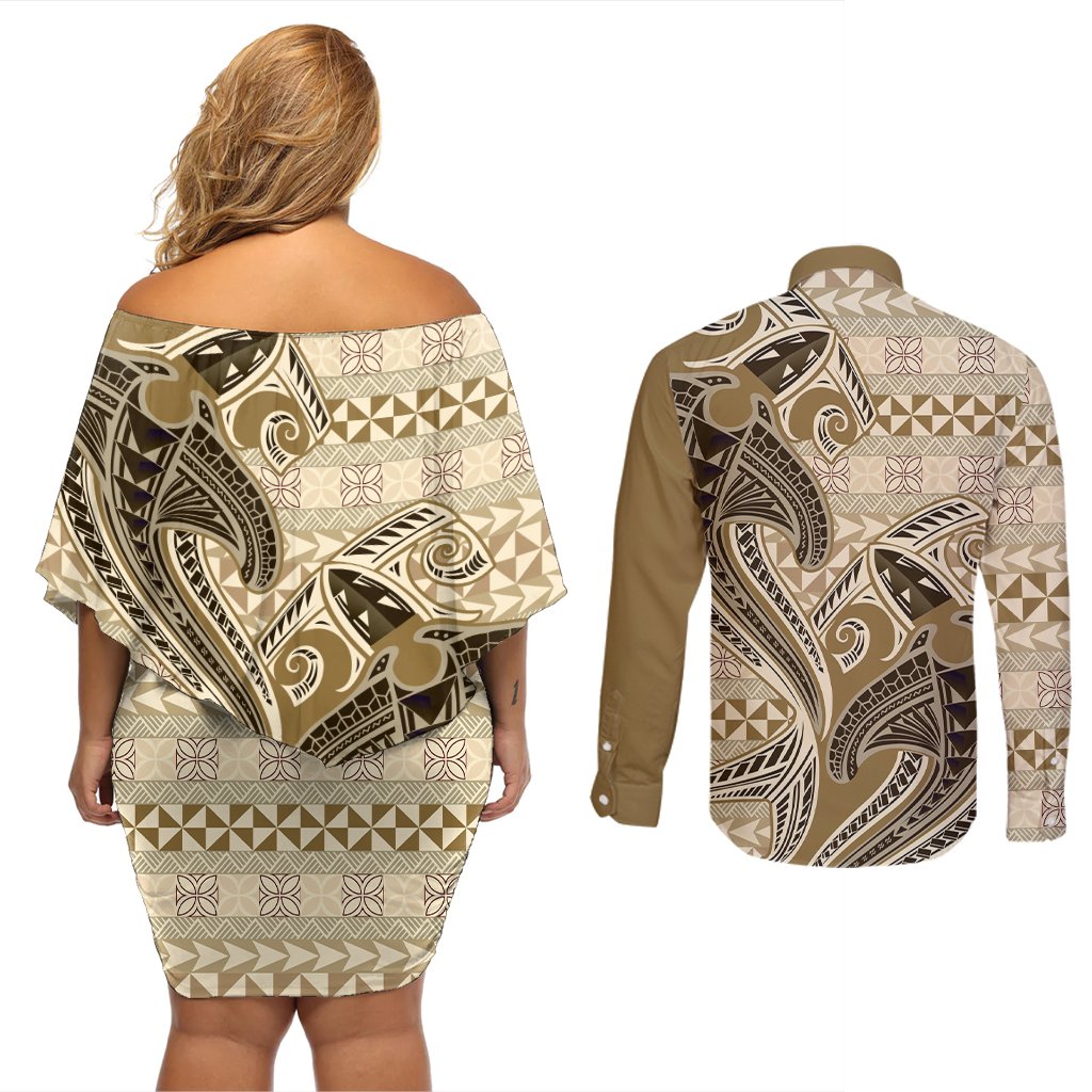 Vintage Hammerhead Shark Valentine Day Couples Matching Off Shoulder Short Dress and Long Sleeve Button Shirt Pasifika Sataoa Pattern - Beige Tan LT9 - Polynesian Pride