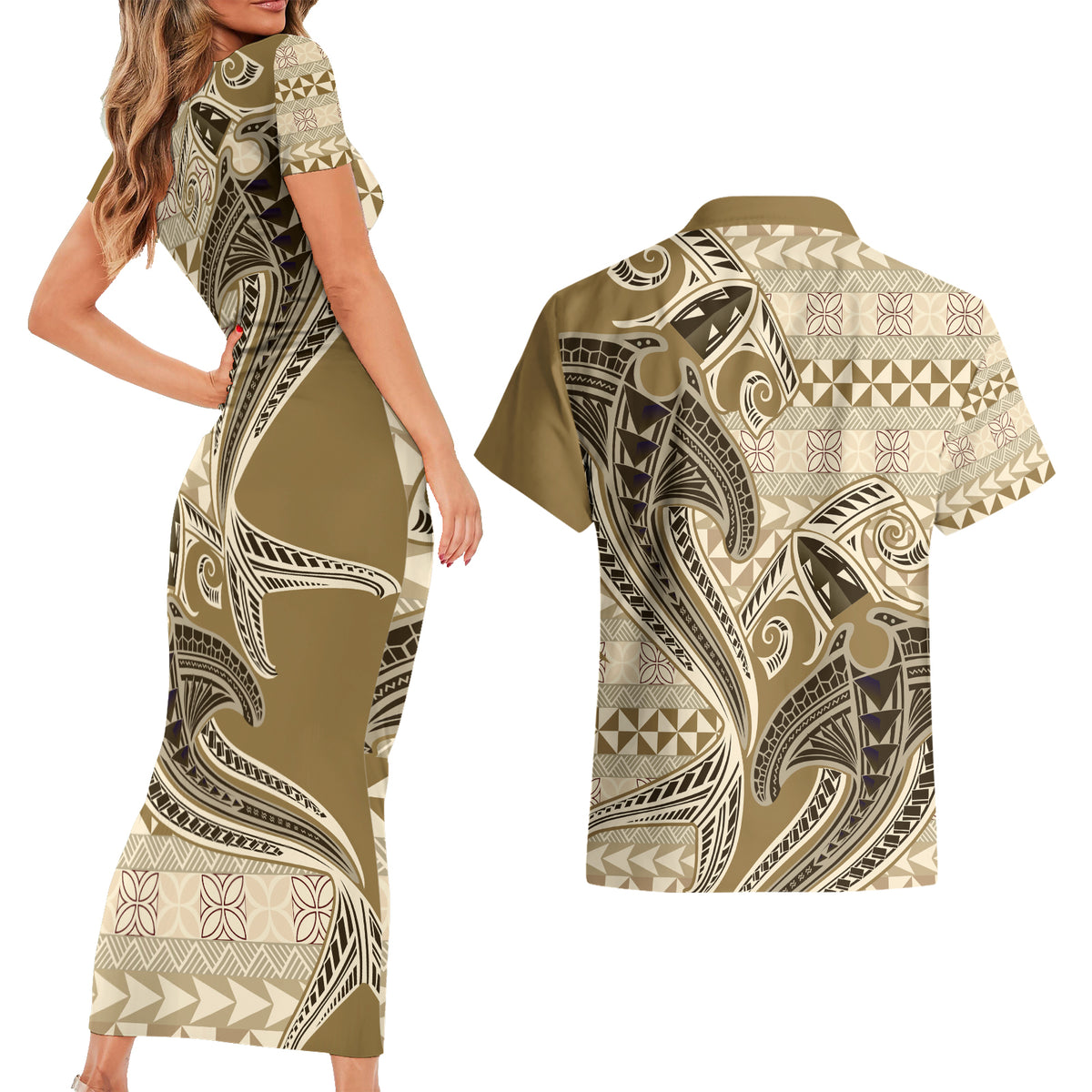 Vintage Hammerhead Shark Valentine Day Couples Matching Short Sleeve Bodycon Dress and Hawaiian Shirt Pasifika Sataoa Pattern - Beige Tan LT9 - Polynesian Pride