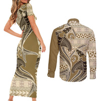 Vintage Hammerhead Shark Valentine Day Couples Matching Short Sleeve Bodycon Dress and Long Sleeve Button Shirt Pasifika Sataoa Pattern - Beige Tan LT9 - Polynesian Pride