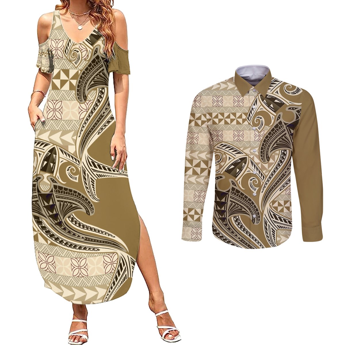 Vintage Hammerhead Shark Valentine Day Couples Matching Summer Maxi Dress and Long Sleeve Button Shirt Pasifika Sataoa Pattern - Beige Tan LT9 Beige Tan - Polynesian Pride