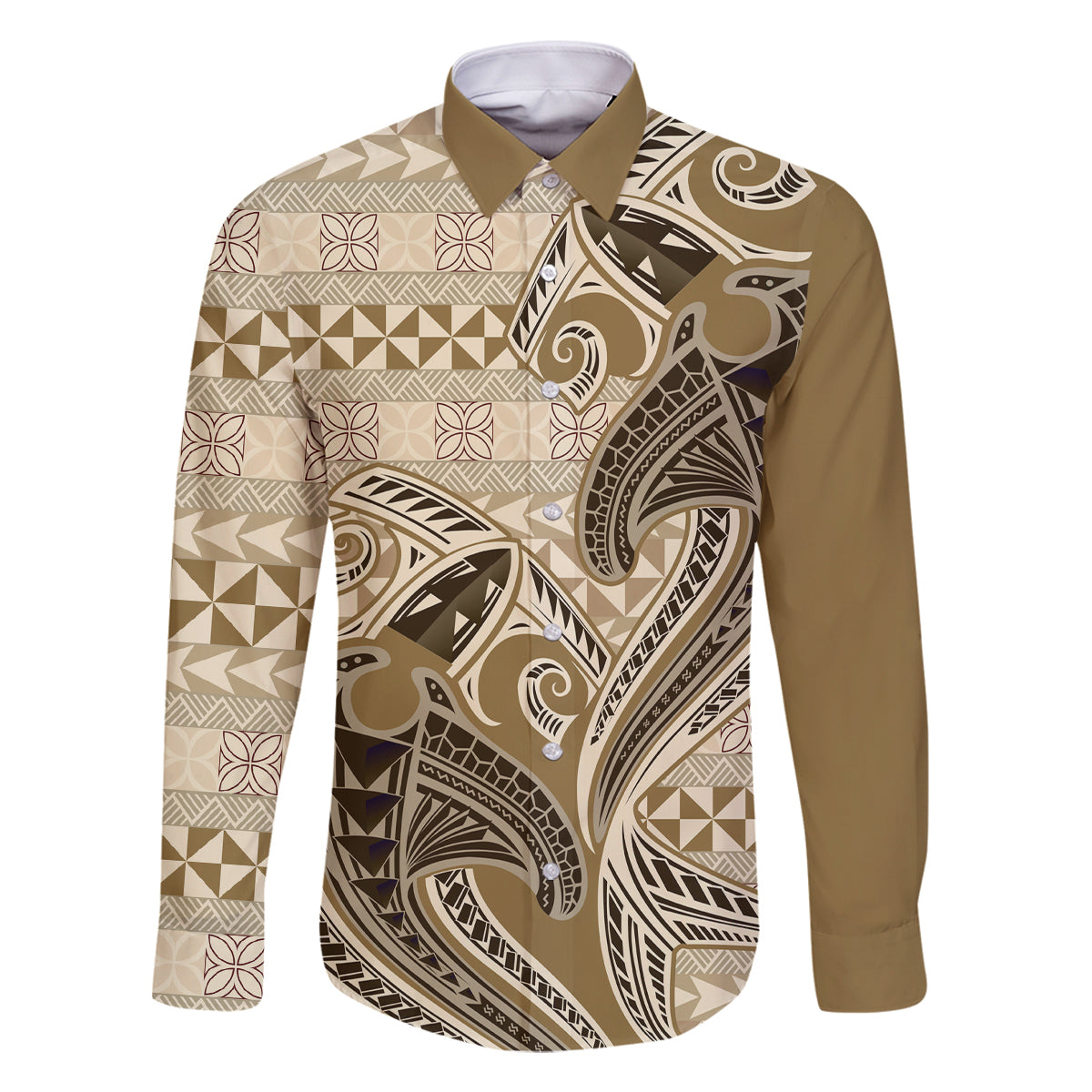 Vintage Hammerhead Shark Valentine Day Family Matching Mermaid Dress and Hawaiian Shirt Pasifika Sataoa Pattern - Beige Tan LT9 Dad's Shirt - Long Sleeve Beige Tan - Polynesian Pride