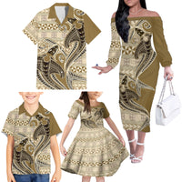 Vintage Hammerhead Shark Valentine Day Family Matching Off Shoulder Long Sleeve Dress and Hawaiian Shirt Pasifika Sataoa Pattern - Beige Tan LT9 - Polynesian Pride