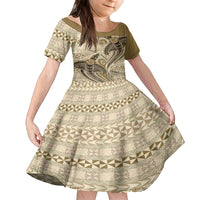 Vintage Hammerhead Shark Valentine Day Family Matching Off Shoulder Short Dress and Hawaiian Shirt Pasifika Sataoa Pattern - Beige Tan LT9 Daughter's Dress Beige Tan - Polynesian Pride