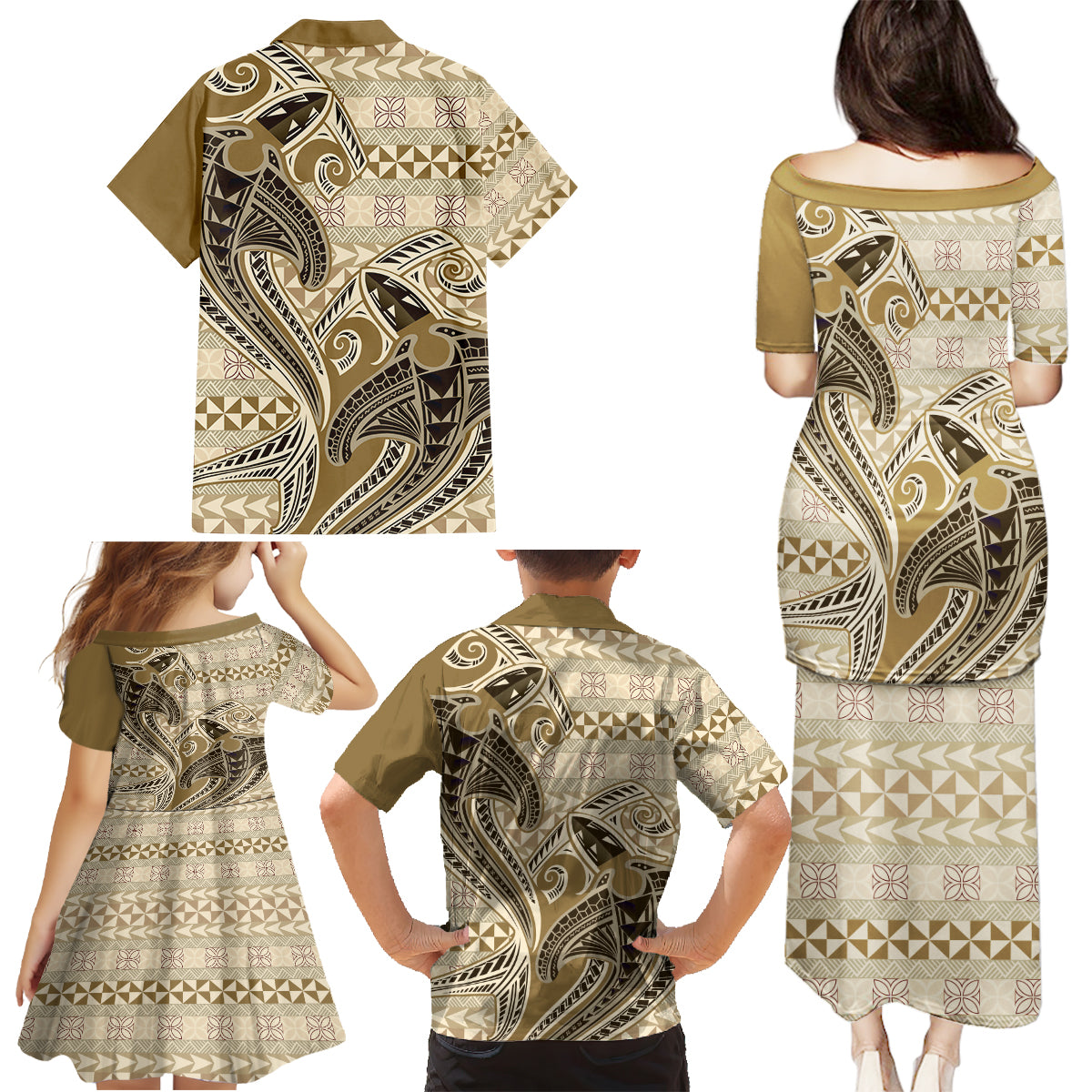 Vintage Hammerhead Shark Valentine Day Family Matching Puletasi and Hawaiian Shirt Pasifika Sataoa Pattern - Beige Tan LT9 - Polynesian Pride
