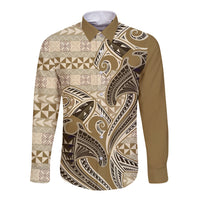 Vintage Hammerhead Shark Valentine Day Long Sleeve Button Shirt Pasifika Sataoa Pattern - Beige Tan LT9 Unisex Beige Tan - Polynesian Pride