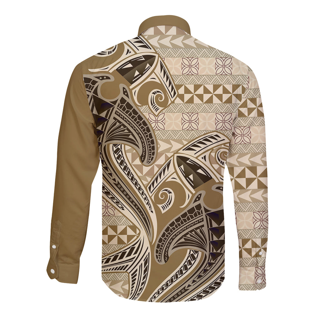 Vintage Hammerhead Shark Valentine Day Long Sleeve Button Shirt Pasifika Sataoa Pattern - Beige Tan LT9 - Polynesian Pride