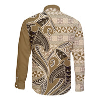 Vintage Hammerhead Shark Valentine Day Long Sleeve Button Shirt Pasifika Sataoa Pattern - Beige Tan LT9 - Polynesian Pride