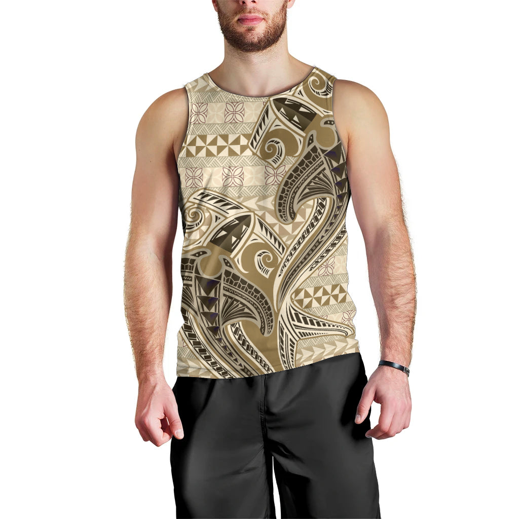 Vintage Hammerhead Shark Valentine Day Men Tank Top Pasifika Sataoa Pattern - Beige Tan LT9 - Polynesian Pride