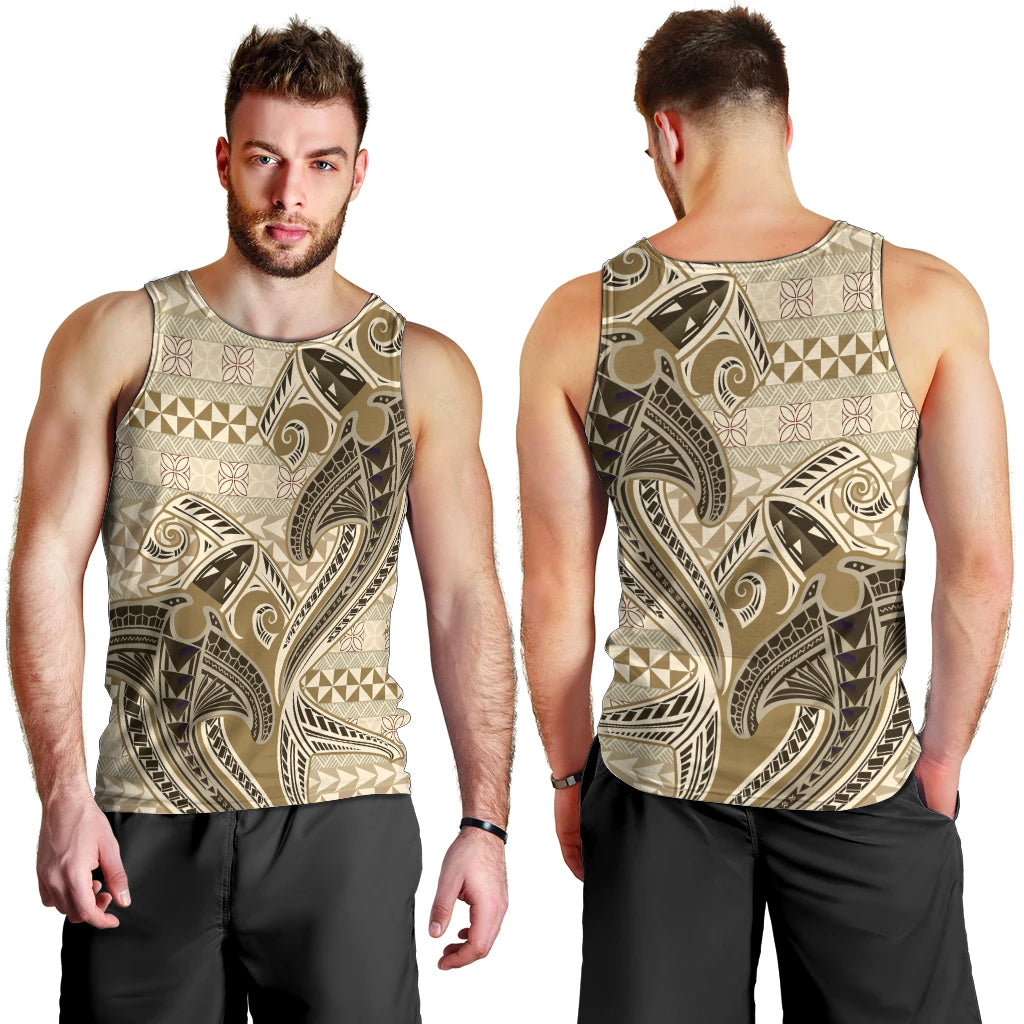 Vintage Hammerhead Shark Valentine Day Men Tank Top Pasifika Sataoa Pattern - Beige Tan LT9 - Polynesian Pride