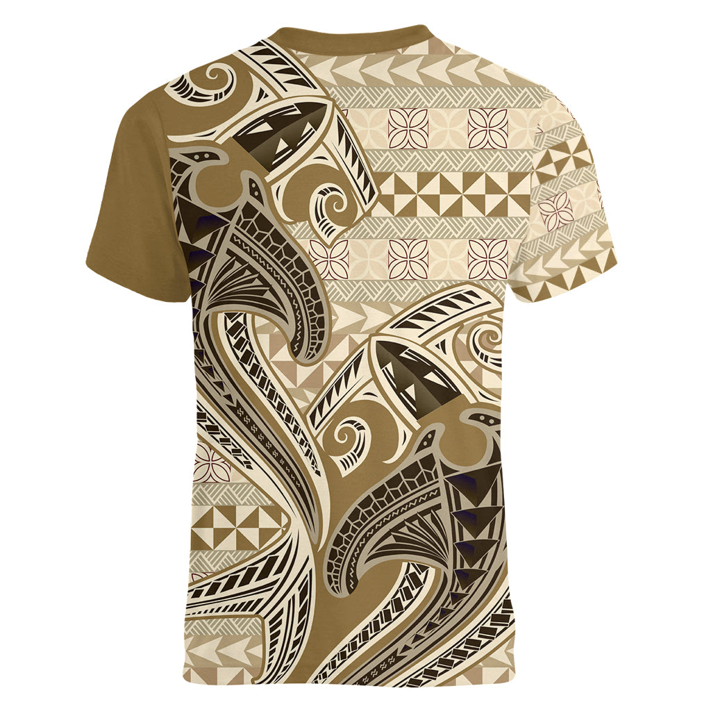 Vintage Hammerhead Shark Valentine Day Women V Neck T Shirt Pasifika Sataoa Pattern - Beige Tan LT9 - Polynesian Pride