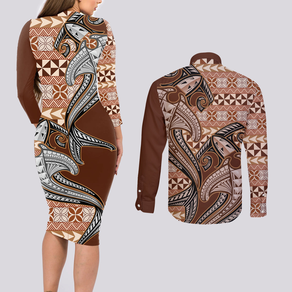 Vintage Hammerhead Shark Valentine Day Couples Matching Long Sleeve Bodycon Dress and Long Sleeve Button Shirt Pasifika Sataoa Pattern - Brown Beige Tan LT9 - Polynesian Pride