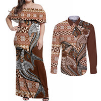Vintage Hammerhead Shark Valentine Day Couples Matching Off Shoulder Maxi Dress and Long Sleeve Button Shirt Pasifika Sataoa Pattern - Brown Beige Tan LT9 Brown - Polynesian Pride