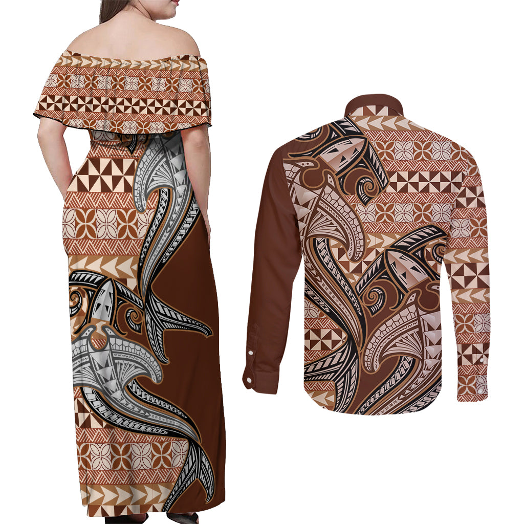 Vintage Hammerhead Shark Valentine Day Couples Matching Off Shoulder Maxi Dress and Long Sleeve Button Shirt Pasifika Sataoa Pattern - Brown Beige Tan LT9 - Polynesian Pride