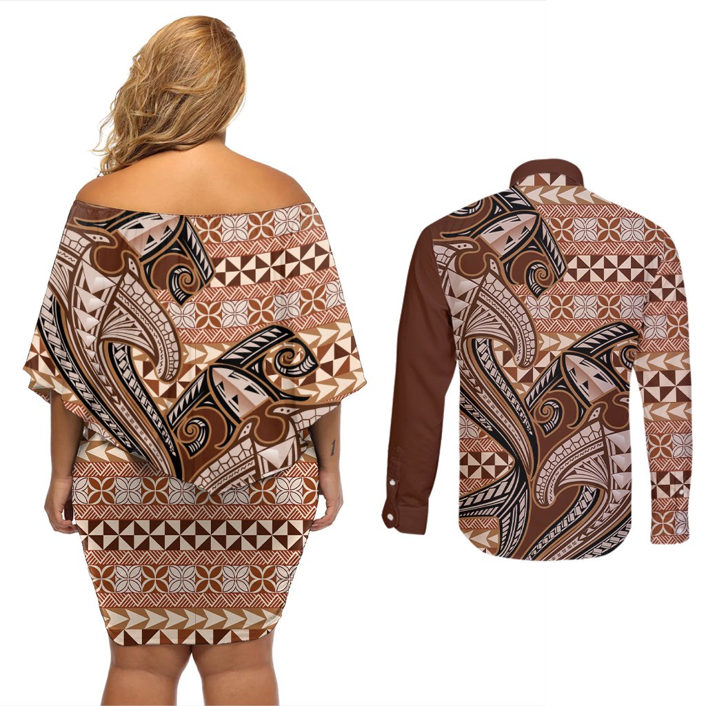 Vintage Hammerhead Shark Valentine Day Couples Matching Off Shoulder Short Dress and Long Sleeve Button Shirt Pasifika Sataoa Pattern - Brown Beige Tan LT9 - Polynesian Pride
