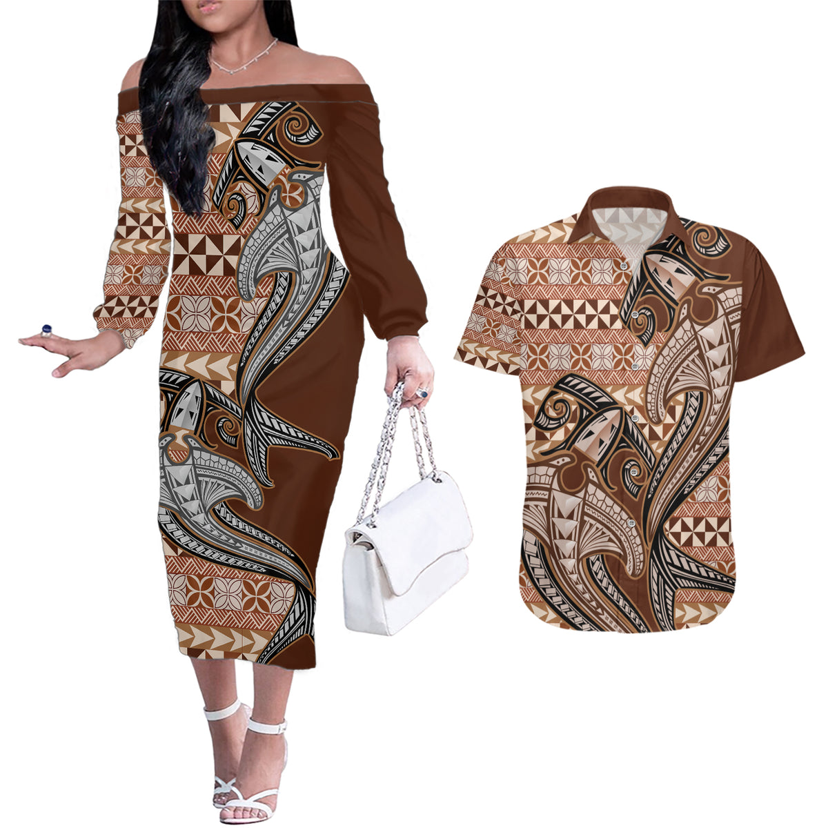 Vintage Hammerhead Shark Valentine Day Couples Matching Off The Shoulder Long Sleeve Dress and Hawaiian Shirt Pasifika Sataoa Pattern - Brown Beige Tan LT9 Brown - Polynesian Pride