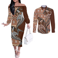 Vintage Hammerhead Shark Valentine Day Couples Matching Off The Shoulder Long Sleeve Dress and Long Sleeve Button Shirt Pasifika Sataoa Pattern - Brown Beige Tan LT9 Brown - Polynesian Pride
