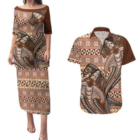 Vintage Hammerhead Shark Valentine Day Couples Matching Puletasi and Hawaiian Shirt Pasifika Sataoa Pattern - Brown Beige Tan LT9 Brown - Polynesian Pride