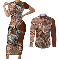 Vintage Hammerhead Shark Valentine Day Couples Matching Short Sleeve Bodycon Dress and Long Sleeve Button Shirt Pasifika Sataoa Pattern - Brown Beige Tan LT9 Brown - Polynesian Pride