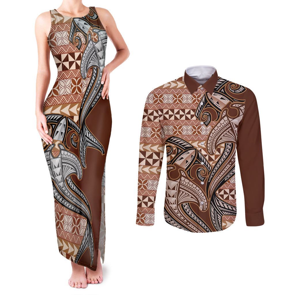 Vintage Hammerhead Shark Valentine Day Couples Matching Tank Maxi Dress and Long Sleeve Button Shirt Pasifika Sataoa Pattern - Brown Beige Tan LT9 Brown - Polynesian Pride