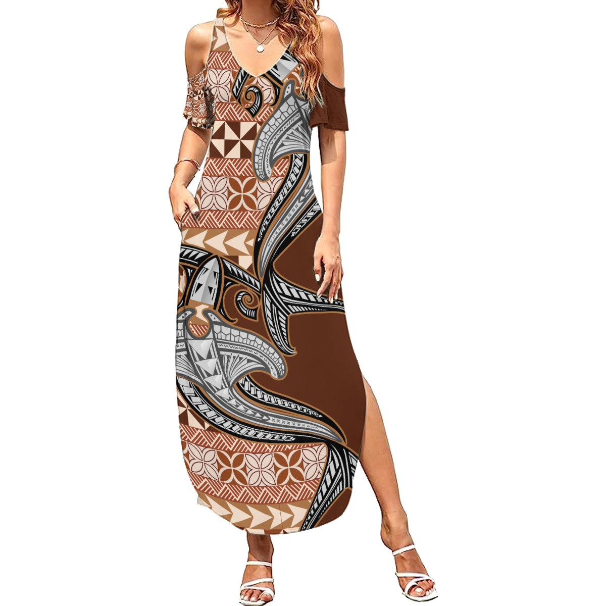 Vintage Hammerhead Shark Valentine Day Family Matching Summer Maxi Dress and Hawaiian Shirt Pasifika Sataoa Pattern - Brown Beige Tan LT9 Mom's Dress Brown - Polynesian Pride