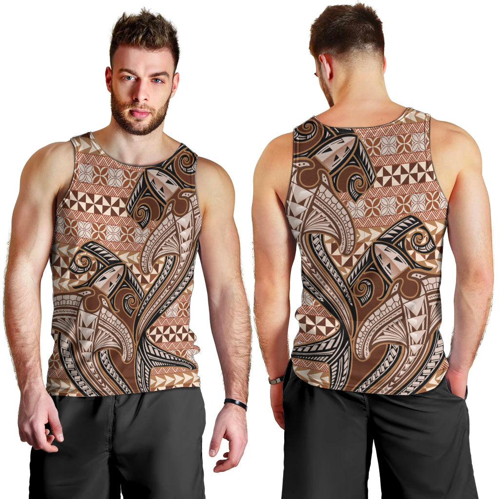 Vintage Hammerhead Shark Valentine Day Men Tank Top Pasifika Sataoa Pattern - Brown Beige Tan LT9 - Polynesian Pride