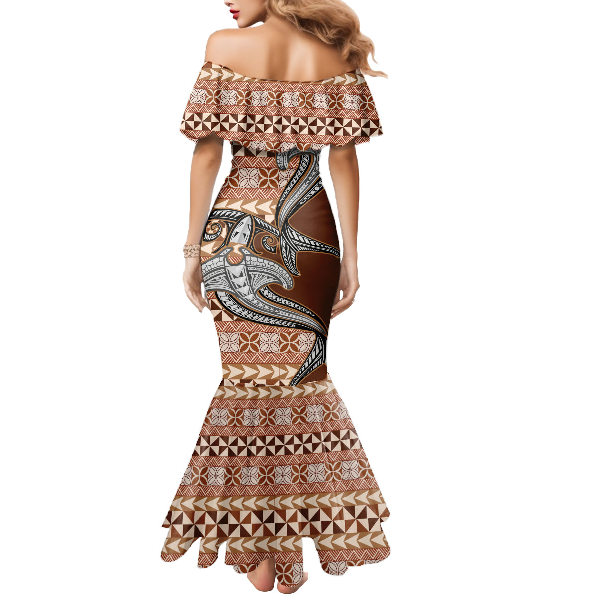 Vintage Hammerhead Shark Valentine Day Mermaid Dress Pasifika Sataoa Pattern - Brown Beige Tan LT9 - Polynesian Pride