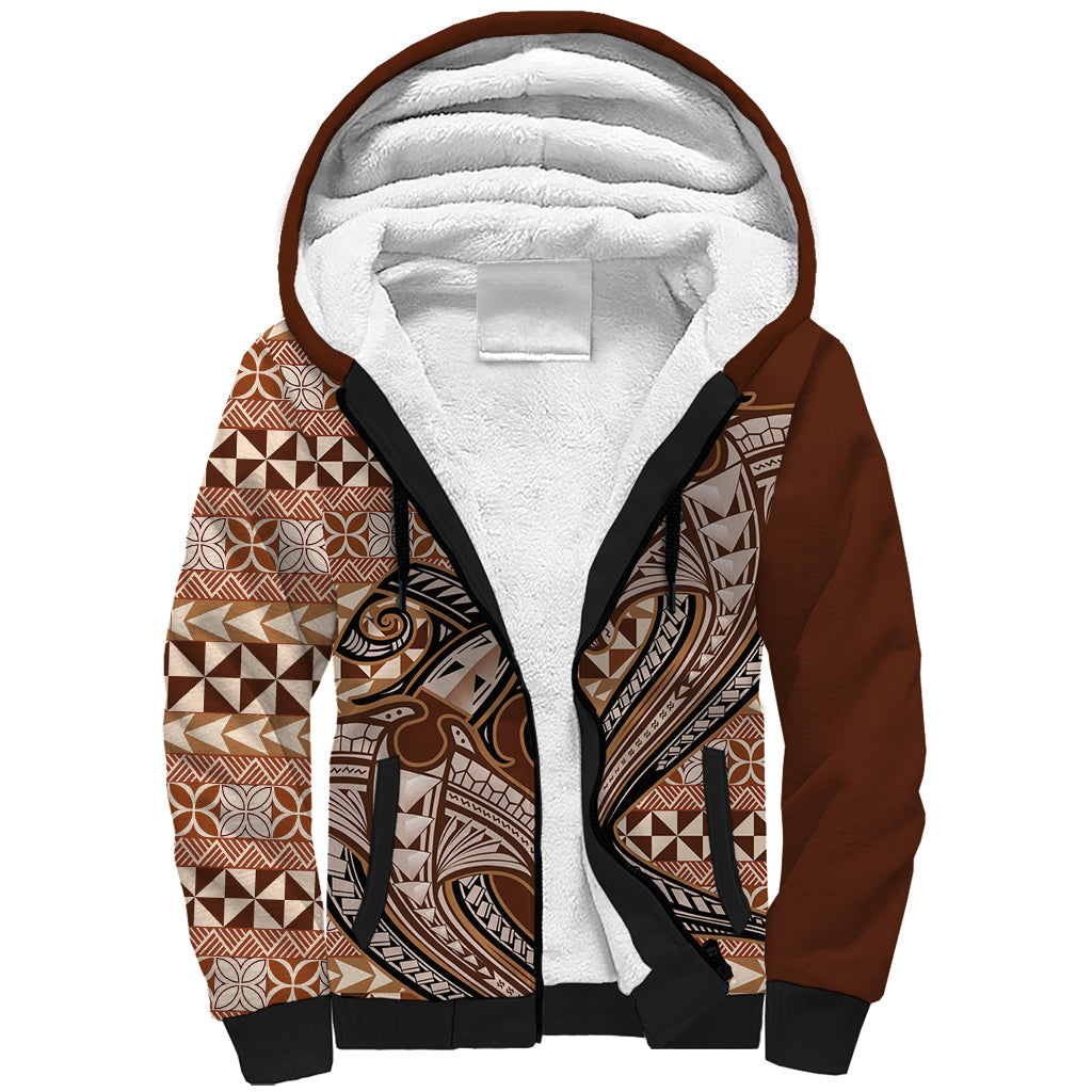 Vintage Hammerhead Shark Valentine Day Sherpa Hoodie Pasifika Sataoa Pattern - Brown Beige Tan LT9 Unisex Brown - Polynesian Pride