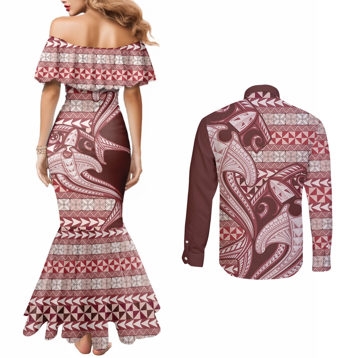 Vintage Hammerhead Shark Valentine Day Couples Matching Mermaid Dress and Long Sleeve Button Shirt Pasifika Sataoa Pattern - Cherry LT9 - Polynesian Pride