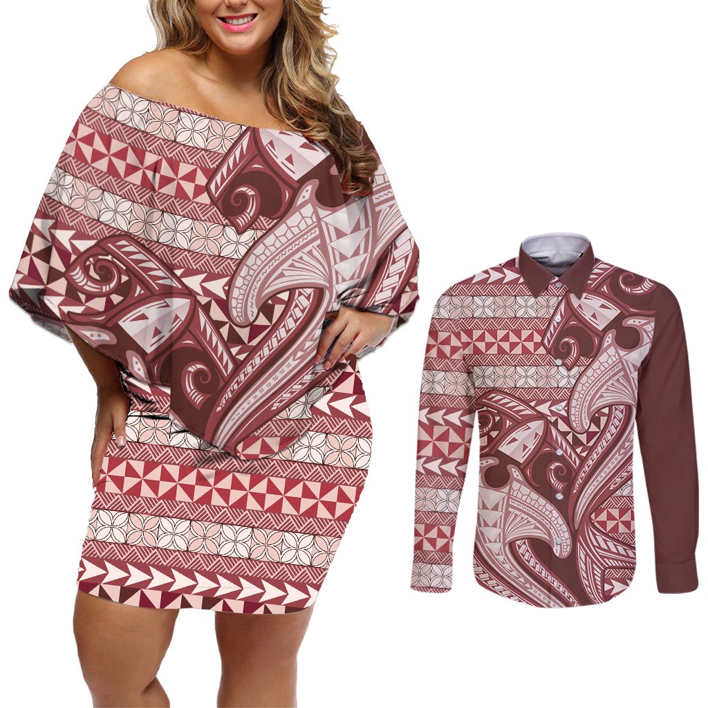 Vintage Hammerhead Shark Valentine Day Couples Matching Off Shoulder Short Dress and Long Sleeve Button Shirt Pasifika Sataoa Pattern - Cherry LT9 Cherry - Polynesian Pride