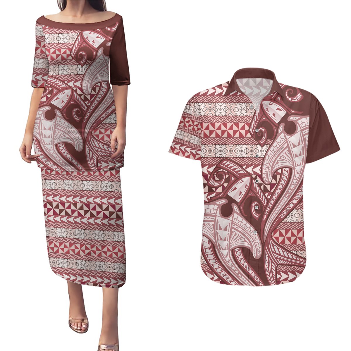 Vintage Hammerhead Shark Valentine Day Couples Matching Puletasi and Hawaiian Shirt Pasifika Sataoa Pattern - Cherry LT9 Cherry - Polynesian Pride