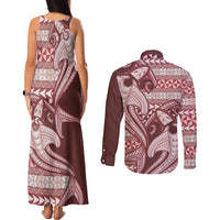 Vintage Hammerhead Shark Valentine Day Couples Matching Tank Maxi Dress and Long Sleeve Button Shirt Pasifika Sataoa Pattern - Cherry LT9 - Polynesian Pride