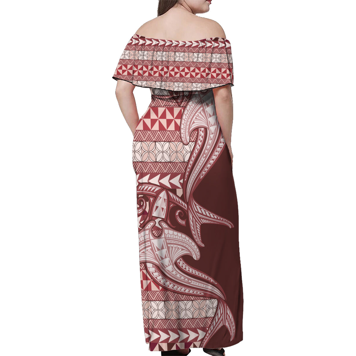 Vintage Hammerhead Shark Valentine Day Family Matching Off Shoulder Maxi Dress and Hawaiian Shirt Pasifika Sataoa Pattern - Cherry LT9 - Polynesian Pride