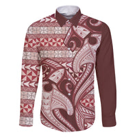 Vintage Hammerhead Shark Valentine Day Family Matching Tank Maxi Dress and Hawaiian Shirt Pasifika Sataoa Pattern - Cherry LT9 Dad's Shirt - Long Sleeve Cherry - Polynesian Pride