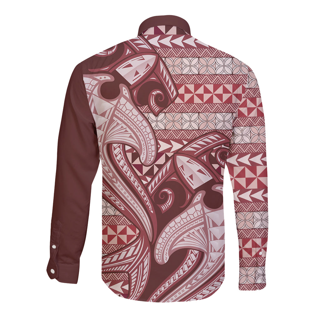 Vintage Hammerhead Shark Valentine Day Long Sleeve Button Shirt Pasifika Sataoa Pattern - Cherry LT9 - Polynesian Pride