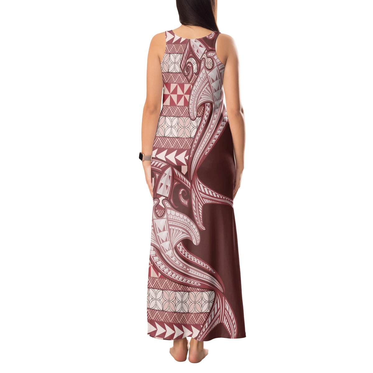 Vintage Hammerhead Shark Valentine Day Tank Maxi Dress Pasifika Sataoa Pattern - Cherry LT9 - Polynesian Pride
