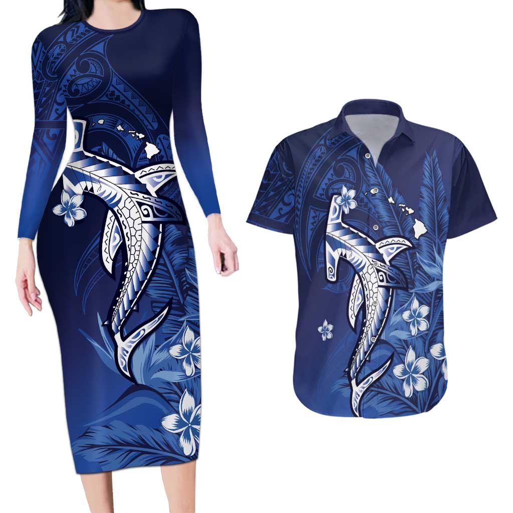 Personalized Hawaiian Maori Hammerhead Shark Couples Matching Long Sleeve Bodycon Dress and Hawaiian Shirt Polu Plumeria - Polynesian Pride