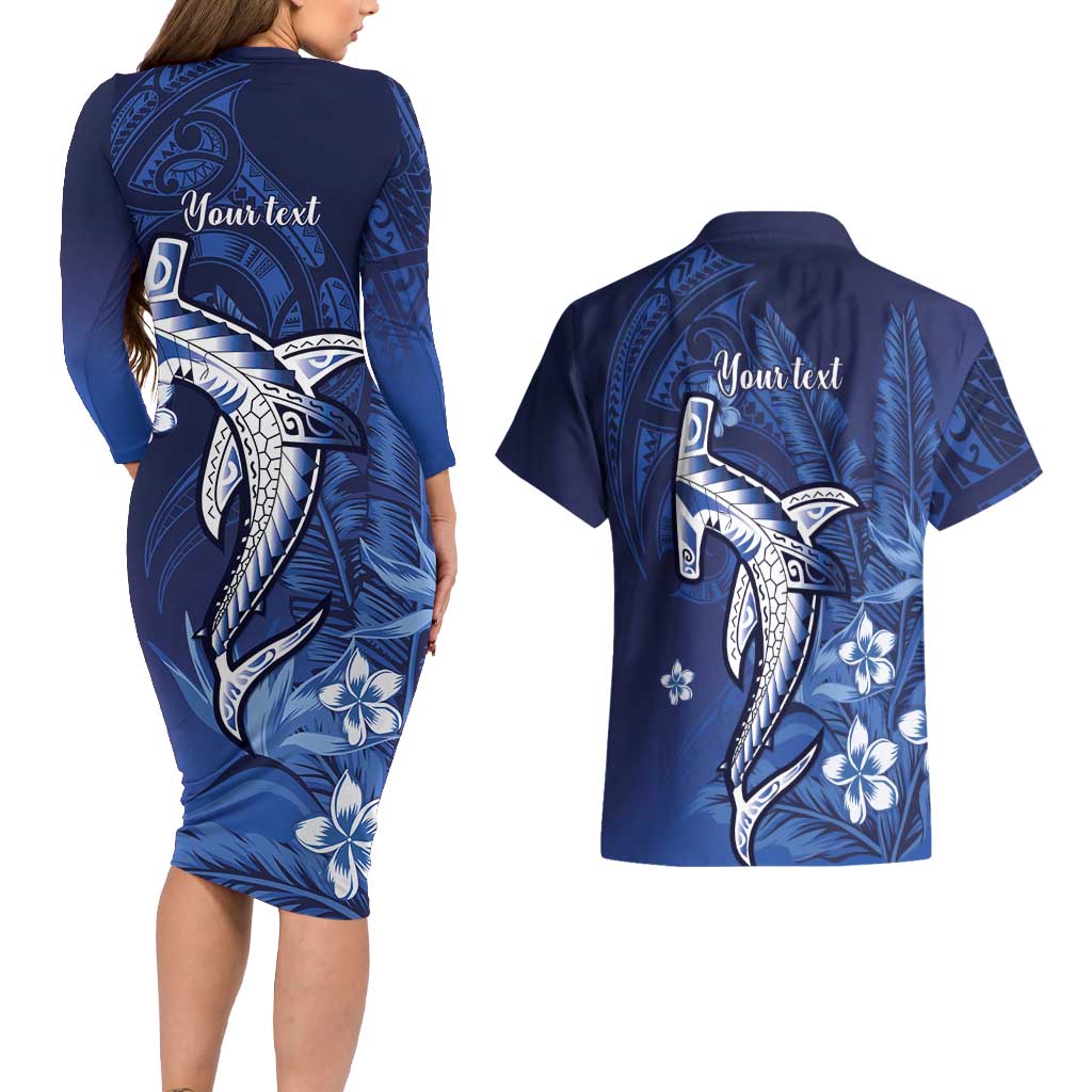 Personalized Hawaiian Maori Hammerhead Shark Couples Matching Long Sleeve Bodycon Dress and Hawaiian Shirt Polu Plumeria - Polynesian Pride