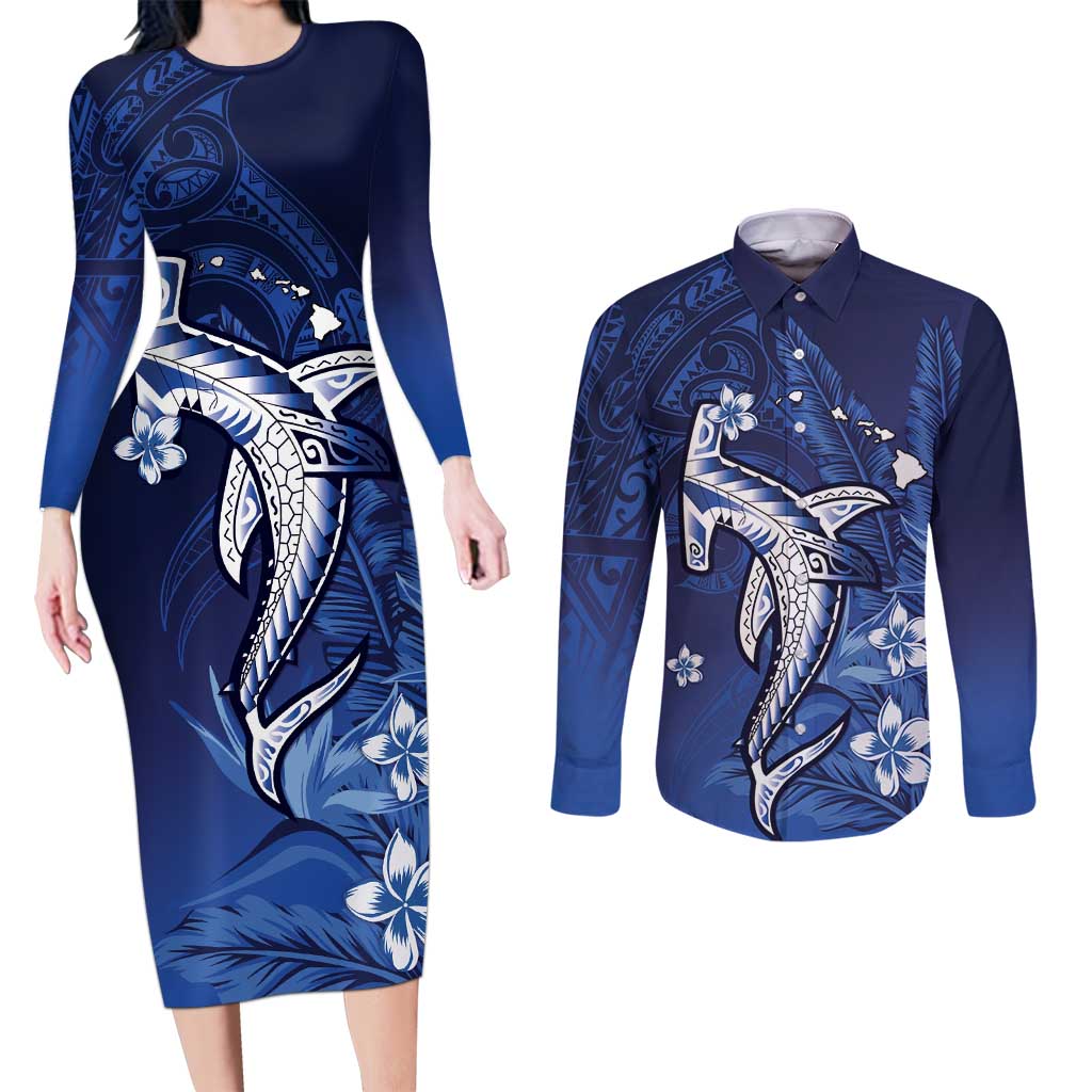 Personalized Hawaiian Maori Hammerhead Shark Couples Matching Long Sleeve Bodycon Dress and Long Sleeve Button Shirt Polu Plumeria - Polynesian Pride