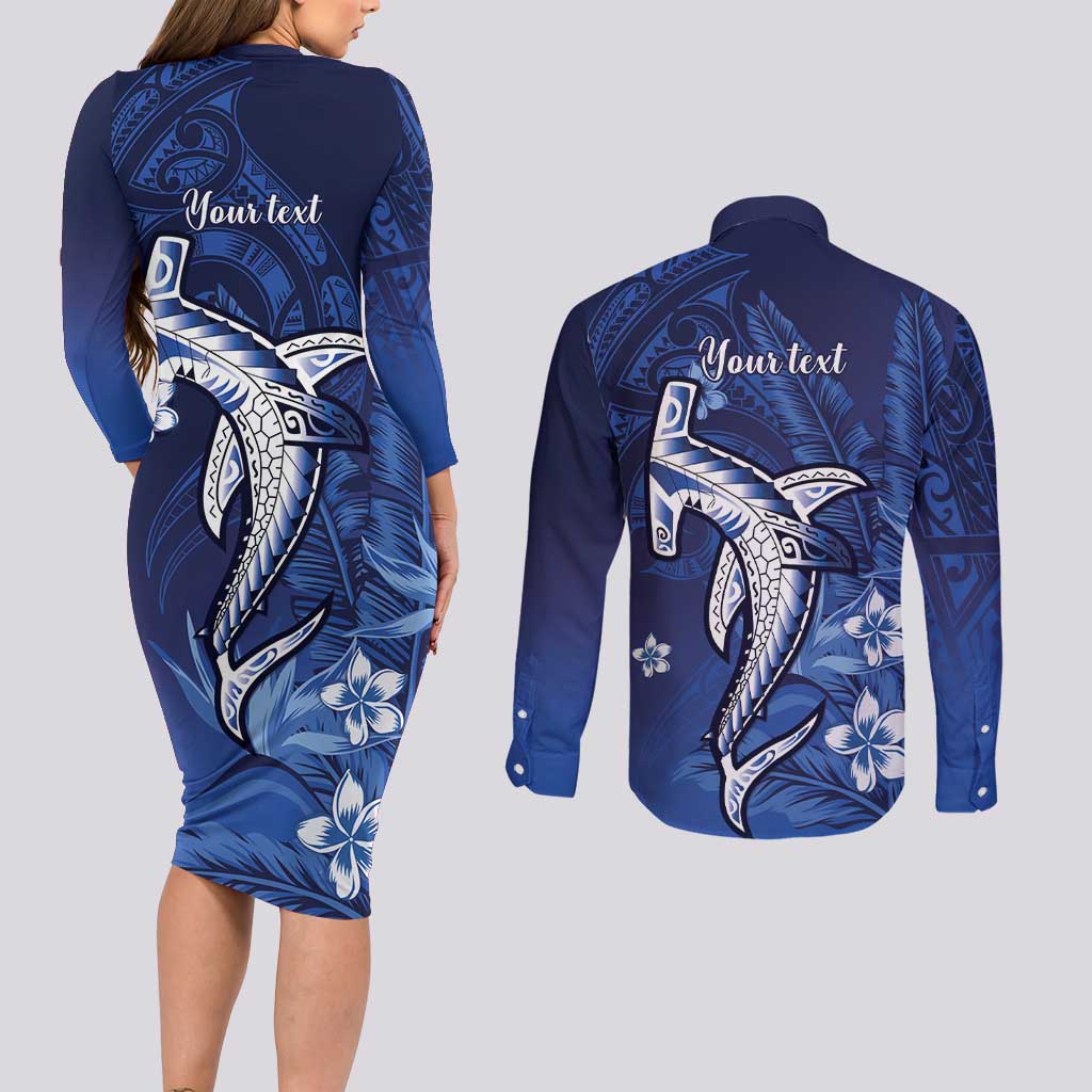 Personalized Hawaiian Maori Hammerhead Shark Couples Matching Long Sleeve Bodycon Dress and Long Sleeve Button Shirt Polu Plumeria - Polynesian Pride