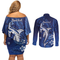 Personalized Hawaiian Maori Hammerhead Shark Couples Matching Off Shoulder Short Dress and Long Sleeve Button Shirt Polu Plumeria - Polynesian Pride