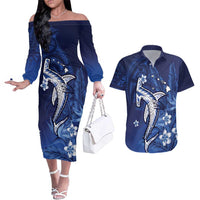 Personalized Hawaiian Maori Hammerhead Shark Couples Matching Off The Shoulder Long Sleeve Dress and Hawaiian Shirt Polu Plumeria - Polynesian Pride
