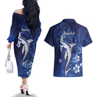 Personalized Hawaiian Maori Hammerhead Shark Couples Matching Off The Shoulder Long Sleeve Dress and Hawaiian Shirt Polu Plumeria - Polynesian Pride