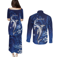 Personalized Hawaiian Maori Hammerhead Shark Couples Matching Puletasi and Long Sleeve Button Shirt Polu Plumeria - Polynesian Pride