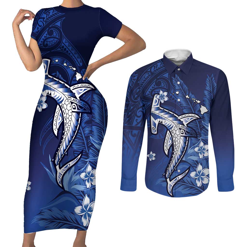 Personalized Hawaiian Maori Hammerhead Shark Couples Matching Short Sleeve Bodycon Dress and Long Sleeve Button Shirt Polu Plumeria - Polynesian Pride