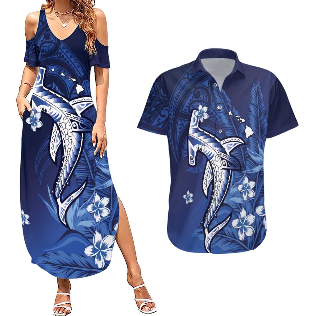 Personalized Hawaiian Maori Hammerhead Shark Couples Matching Summer Maxi Dress and Hawaiian Shirt Polu Plumeria - Polynesian Pride