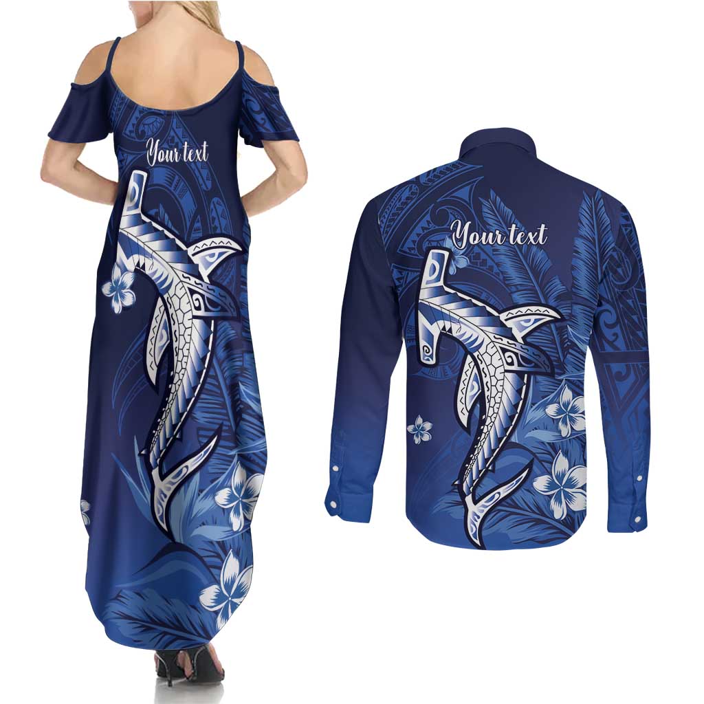Personalized Hawaiian Maori Hammerhead Shark Couples Matching Summer Maxi Dress and Long Sleeve Button Shirt Polu Plumeria - Polynesian Pride